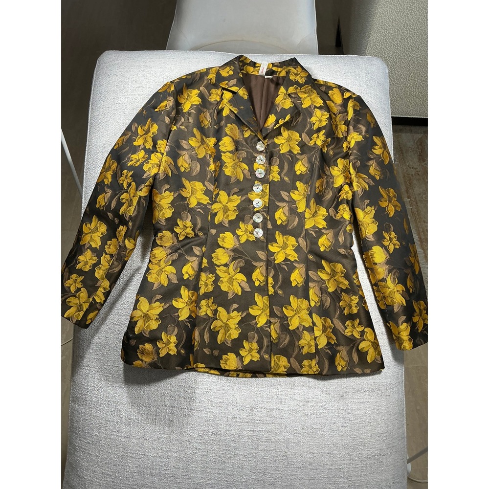 Yuhan Wang Brown Yellow Floral Brocade Blazer Jacket XL Mother of Pearl Buttons